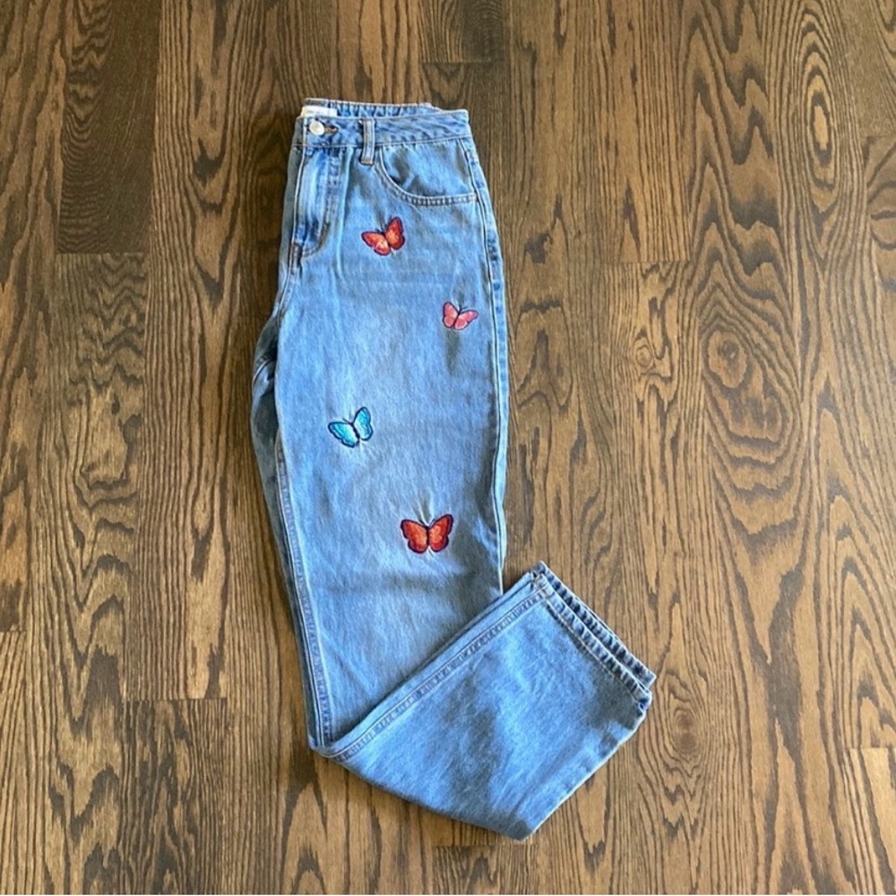 Forever 21 Light Blue Straight Leg Jeans with Butterfly Embroidery